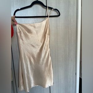 beige botany one shoulder champagne cocktail dress